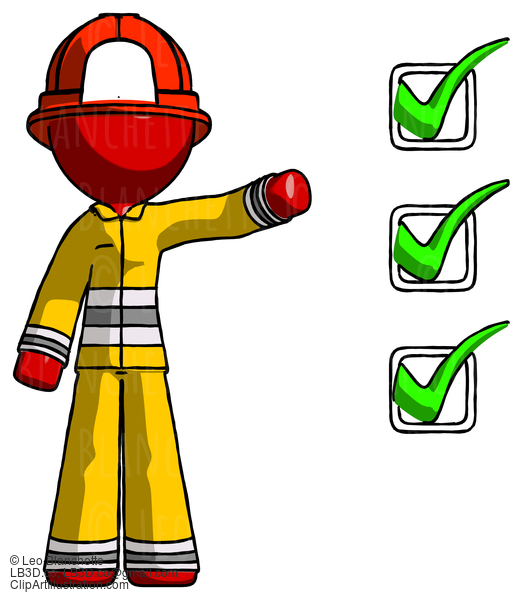 Red Firefighter Fireman Man Standing By List Of Checkmarks #13297