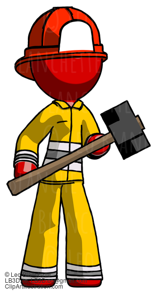 Red Firefighter Fireman Man With Sledgehammer Standing Ready To Work Or Defend #13299