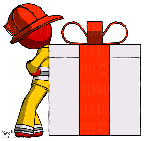 Red Firefighter Fireman Man Gift Concept - Leaning Against Large Present #13306