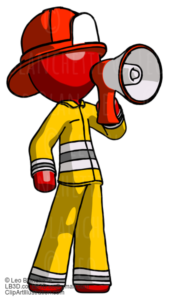 Red Firefighter Fireman Man Shouting Into Megaphone Bullhorn Facing Right #13311