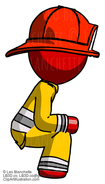 Red Firefighter Fireman Man Squatting Facing Right #13313