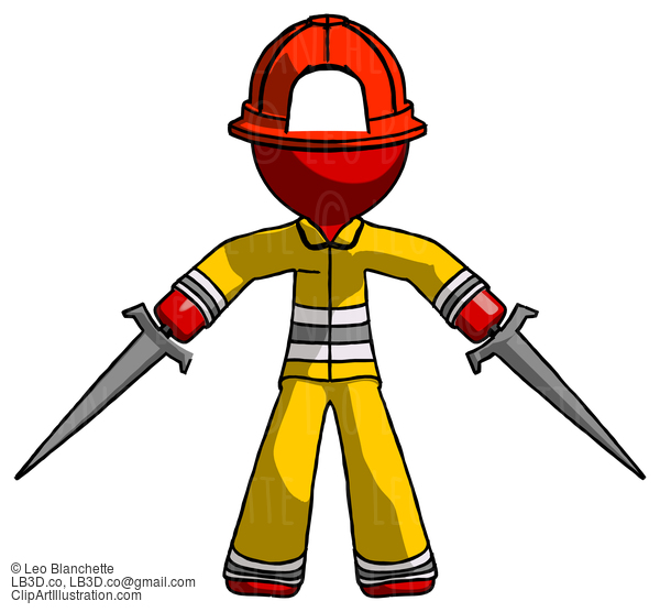 Red Firefighter Fireman Man Two Sword Defense Pose #13314