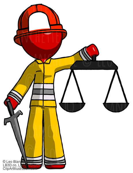 Red Firefighter Fireman Man Justice Concept With Scales And Sword, Justicia Derived #13316