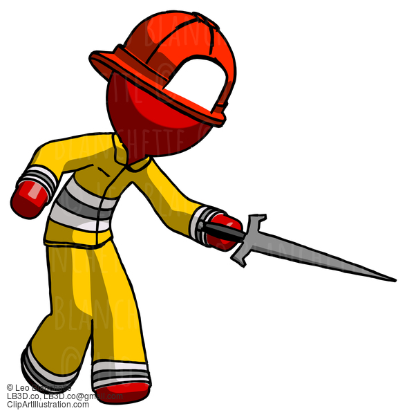 Red Firefighter Fireman Man Sword Pose Stabbing Or Jabbing #13318