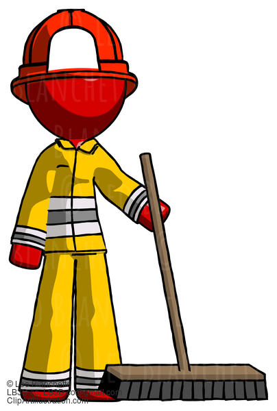 Red Firefighter Fireman Man Standing With Industrial Broom #13320