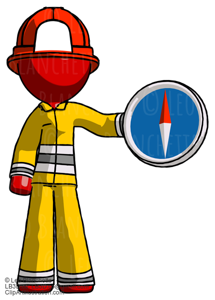 Red Firefighter Fireman Man Holding A Large Compass #13325