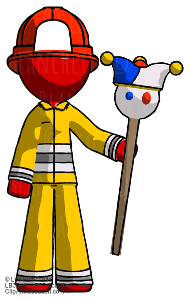 Red Firefighter Fireman Man Holding Jester Staff #13326