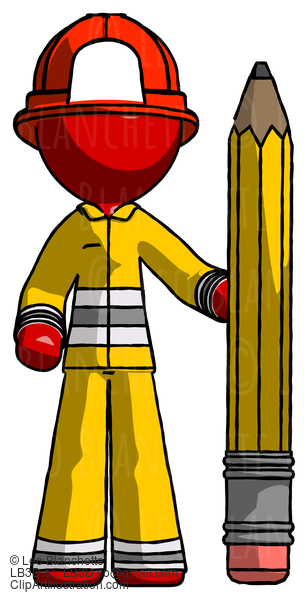 Red Firefighter Fireman Man With Large Pencil Standing Ready To Write #13327