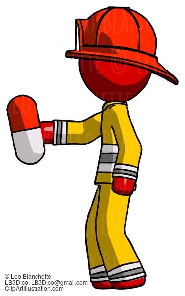 Red Firefighter Fireman Man Holding Red Pill Walking To Left #13335