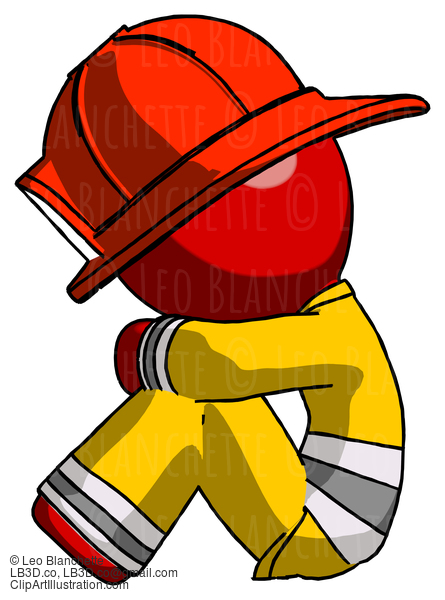 Red Firefighter Fireman Man Sitting With Head Down Facing Sideways Left #13336