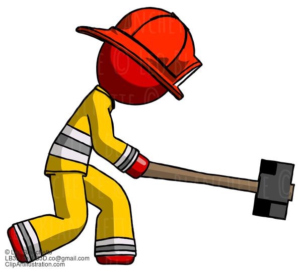 Red Firefighter Fireman Man Hitting With Sledgehammer, Or Smashing Something #13341