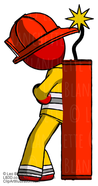 Red Firefighter Fireman Man Leaning Against Dynimate, Large Stick Ready To Blow #13342