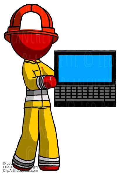 Red Firefighter Fireman Man Holding Laptop Computer Presenting Something On Screen #13353