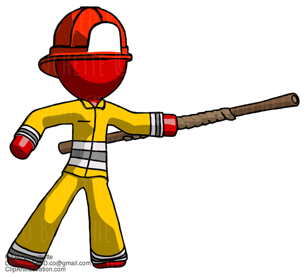 Red Firefighter Fireman Man Bo Staff Pointing Right Kung Fu Pose #13354