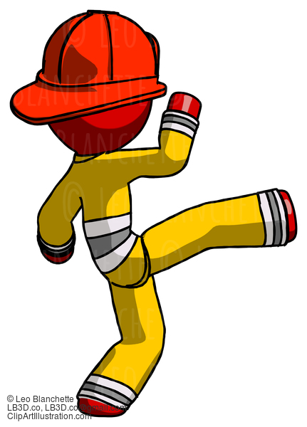 Red Firefighter Fireman Man Kick Pose #13360