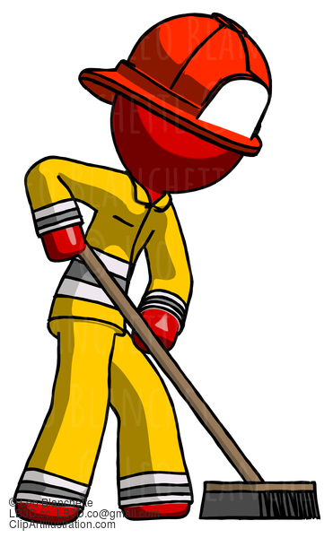 Red Firefighter Fireman Man Cleaning Services Janitor Sweeping Side View #13362