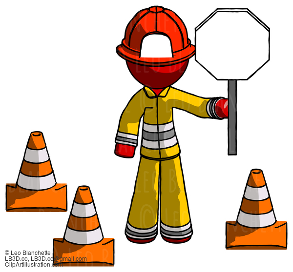 Red Firefighter Fireman Man Holding Stop Sign By Traffic Cones Under Construction Concept #13363