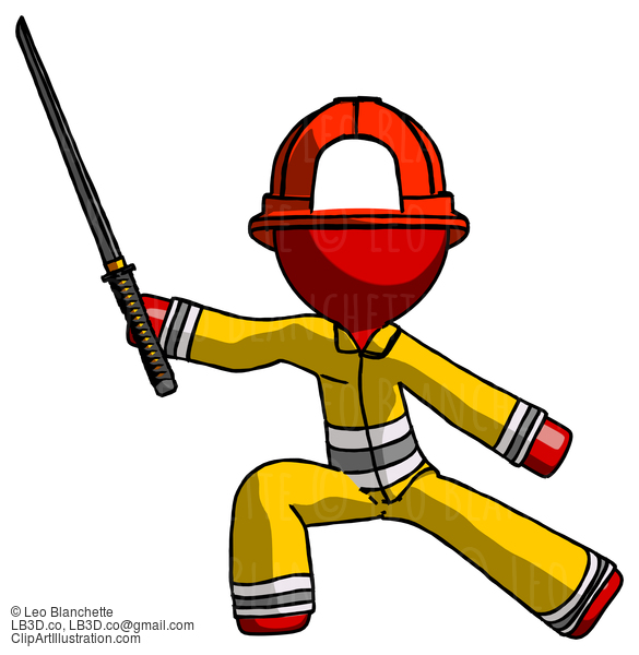 Red Firefighter Fireman Man With Ninja Sword Katana In Defense Pose #13367