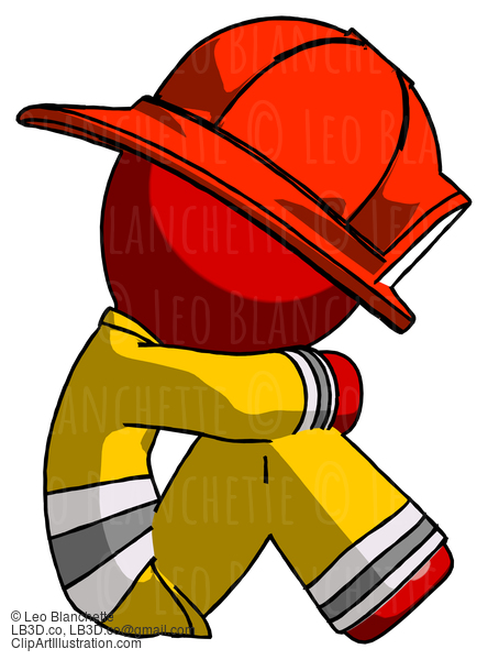 Red Firefighter Fireman Man Sitting With Head Down Facing Sideways Right #13368