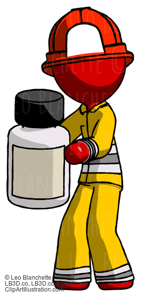 Red Firefighter Fireman Man Holding White Medicine Bottle #13373