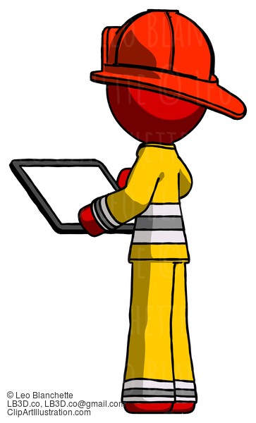 Red Firefighter Fireman Man Looking At Tablet Device Computer With Back To Viewer #13374