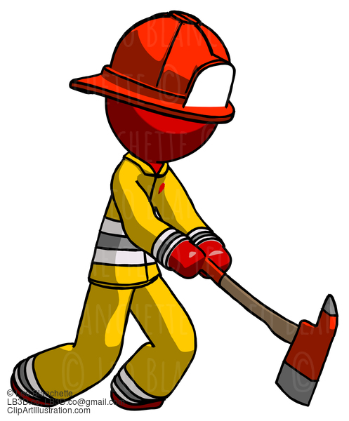 Red Firefighter Fireman Man Striking With A Red Firefighter’S Ax #13375