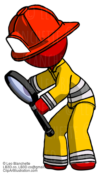 Red Firefighter Fireman Man Inspecting With Large Magnifying Glass Left #13376