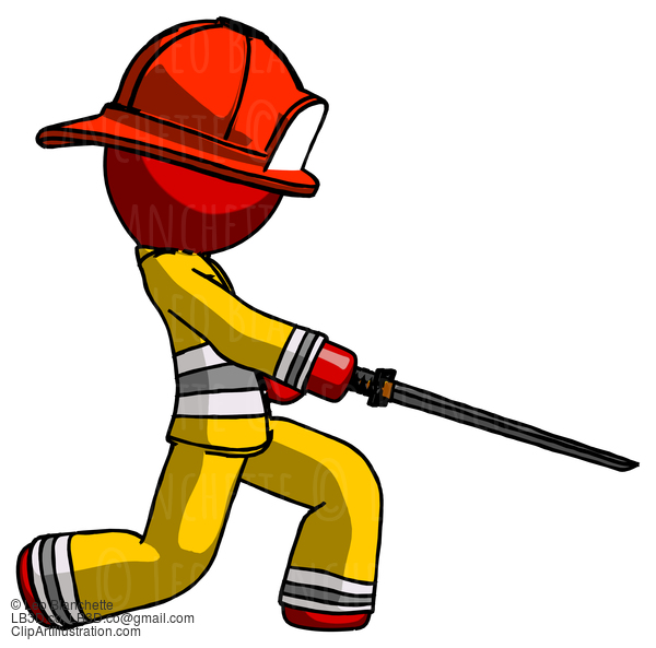 Red Firefighter Fireman Man With Ninja Sword Katana Slicing Or Striking Something #13382