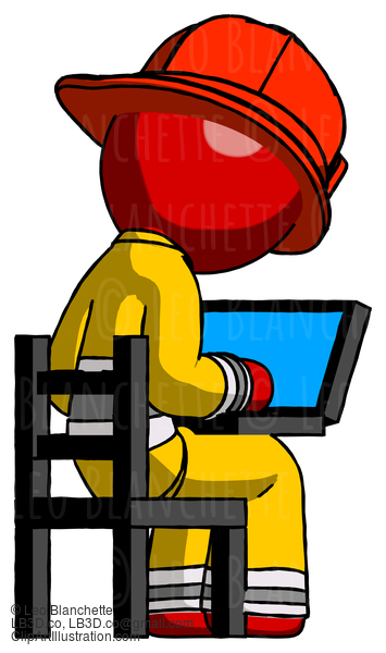 Red Firefighter Fireman Man Using Laptop Computer While Sitting In Chair View From Back #13384