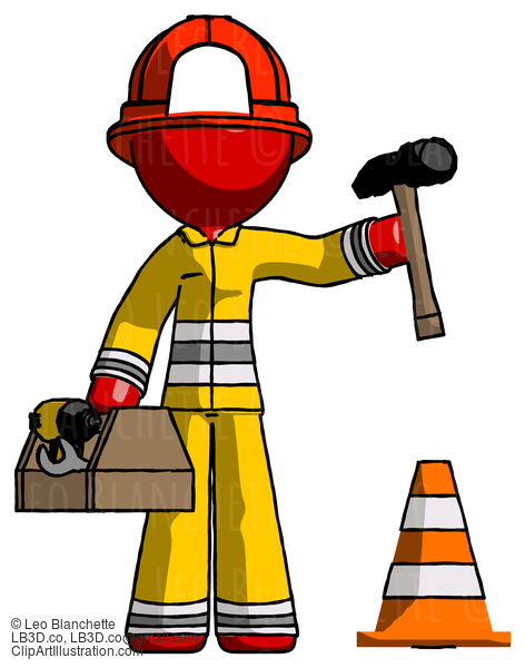 Red Firefighter Fireman Man Under Construction Concept, Traffic Cone And Tools #13385