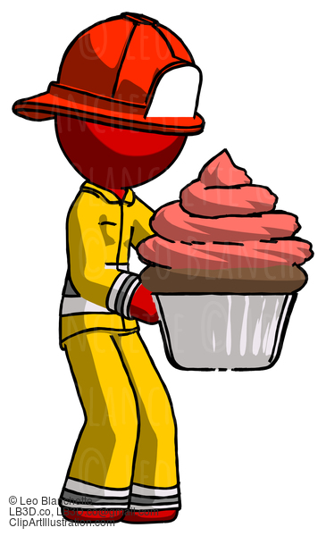 Red Firefighter Fireman Man Holding Large Cupcake Ready To Eat Or Serve #13391