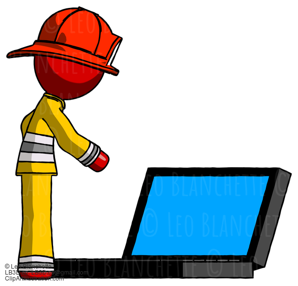 Red Firefighter Fireman Man Using Large Laptop Computer Side Orthographic View #13396