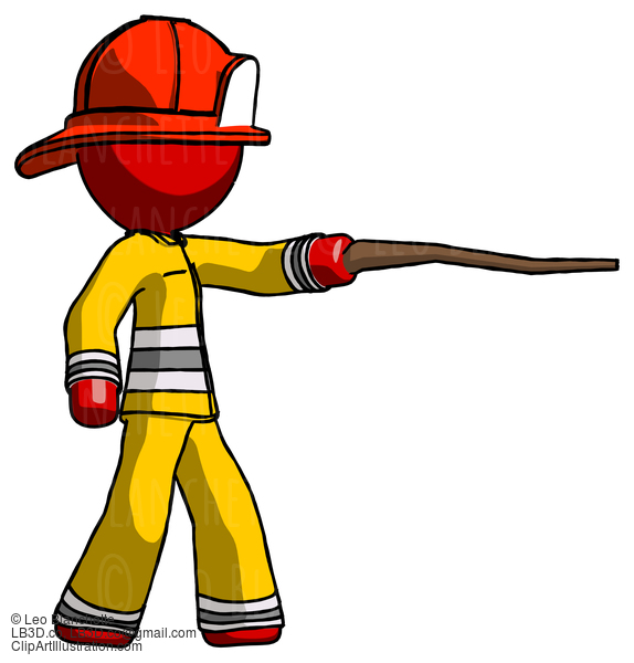 Red Firefighter Fireman Man Pointing With Hiking Stick #13398