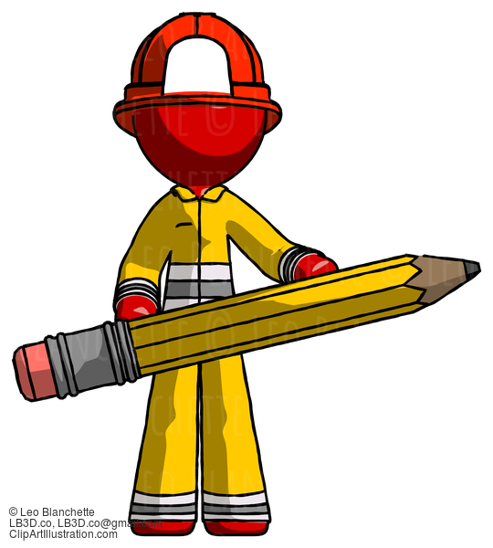 Red Firefighter Fireman Man Writer Or Blogger Holding Large Pencil #13399