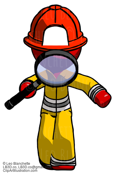 Red Firefighter Fireman Man Looking Down Through Magnifying Glass #13403