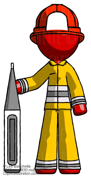 Red Firefighter Fireman Man Standing With Large Thermometer #13407