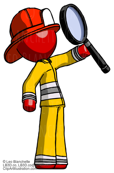 Red Firefighter Fireman Man Inspecting With Large Magnifying Glass Facing Up #13410