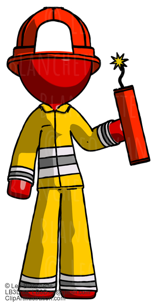 Red Firefighter Fireman Man Holding Dynamite With Fuse Lit #13411