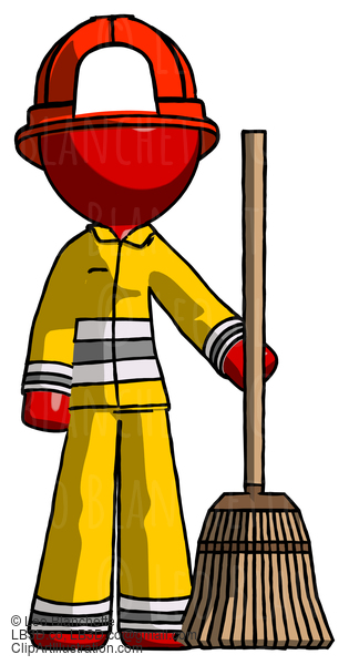 Red Firefighter Fireman Man Standing With Broom Cleaning Services #13417