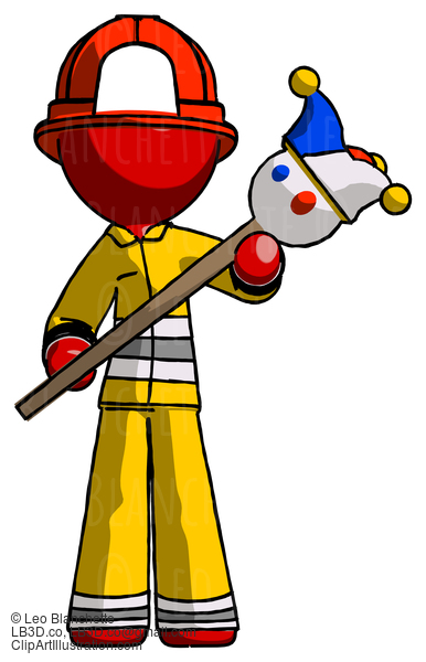 Red Firefighter Fireman Man Holding Jester Diagonally #13421