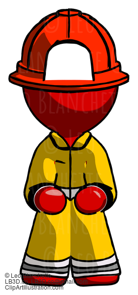 Red Firefighter Fireman Man Squatting Facing Front #13427