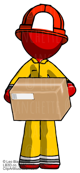 Red Firefighter Fireman Man Holding Box Sent Or Arriving In Mail #13428