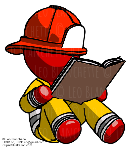 Red Firefighter Fireman Man Reading Book While Sitting Down #13429