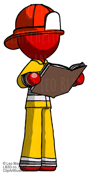 Red Firefighter Fireman Man Reading Book While Standing Up Facing Away #13431