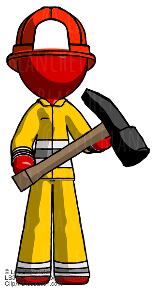 Red Firefighter Fireman Man Holding Hammer Ready To Work #13433