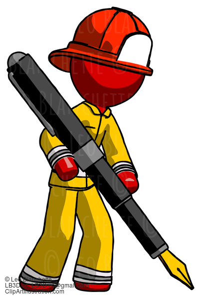 Red Firefighter Fireman Man Drawing Or Writing With Large Calligraphy Pen #13434