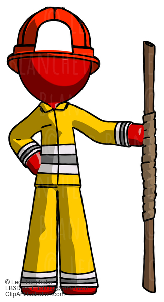 Red Firefighter Fireman Man Holding Staff Or Bo Staff #13437