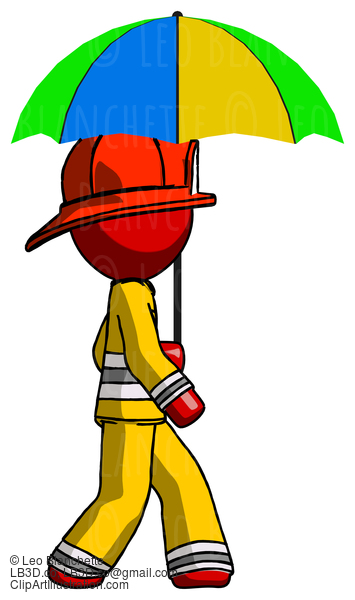 Red Firefighter Fireman Man Walking With Colored Umbrella #13438