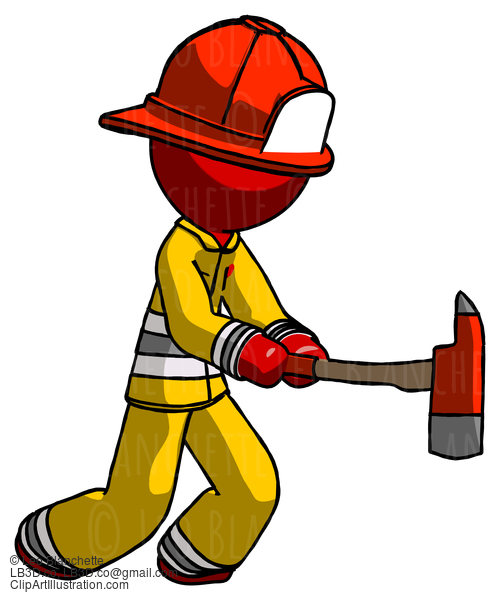 Red Firefighter Fireman Man With Ax Hitting, Striking, Or Chopping #13444