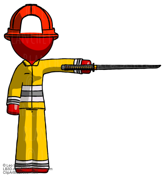 Red Firefighter Fireman Man Standing With Ninja Sword Katana Pointing Right #13447